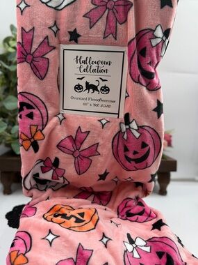 2026 pink halloween fleece throw blanket coquette pumpkins bows 60x70 new